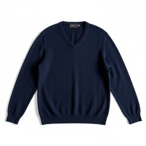 Black Brown 1826 100% Cashmere V-Neck Pullover Holiday Sweater Navy Blue Size M